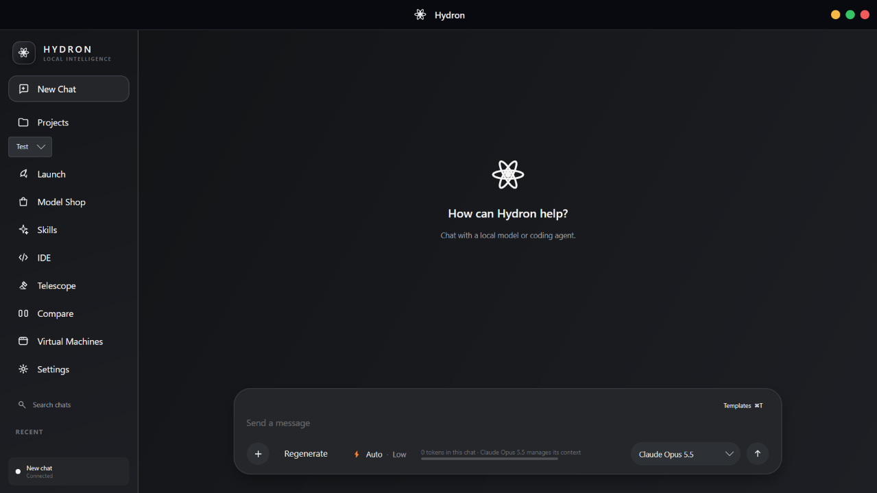 Hydron chat with Projects, Launch, Model Shop, Skills, IDE, Telescope, Compare and Virtual Machines in the sidebar